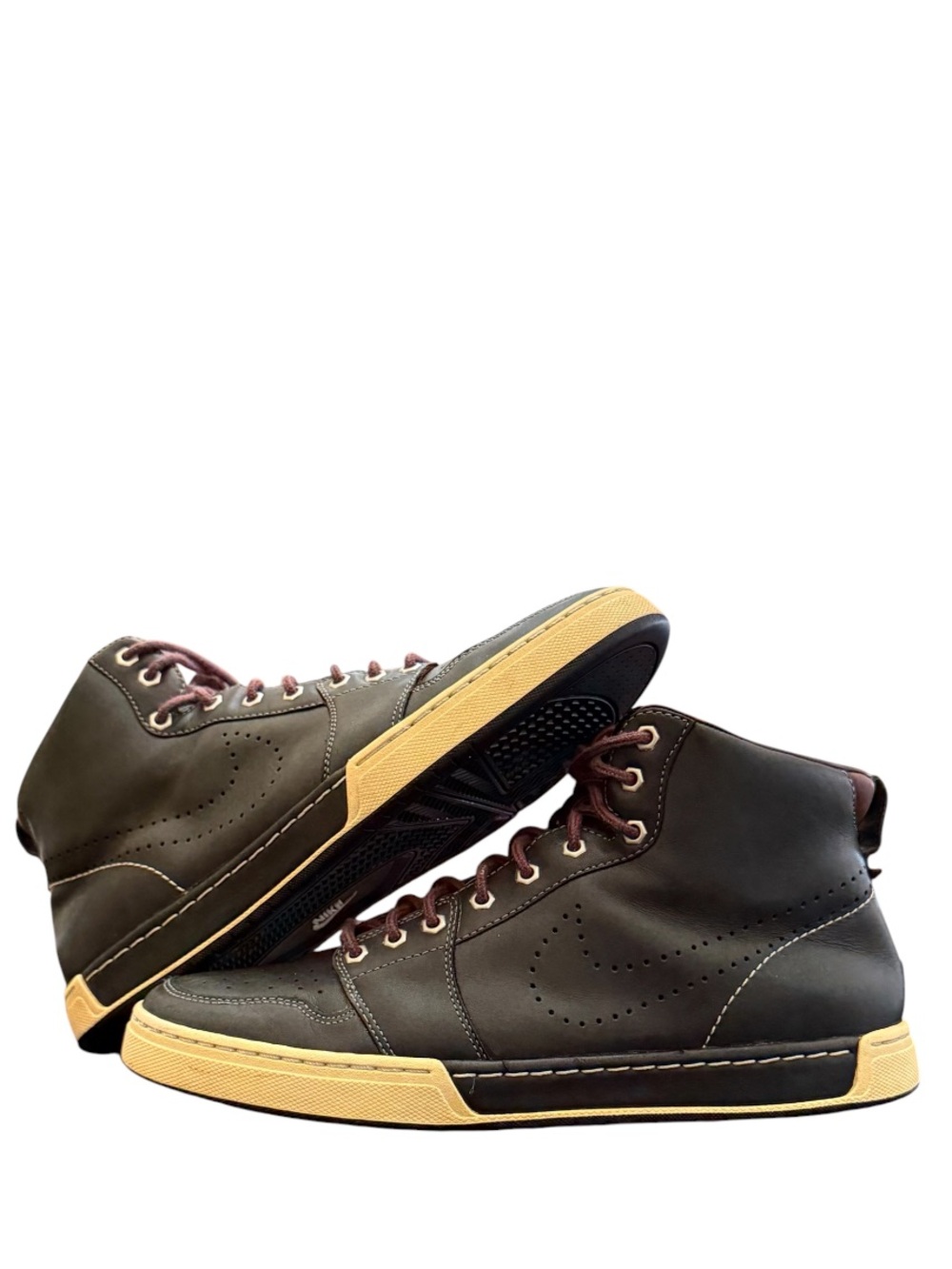 NIKE - BLACK BROWN TAN ALL LEATHER AIR ROYAL MID QS SNEAKERS “ORNAMENTAL”